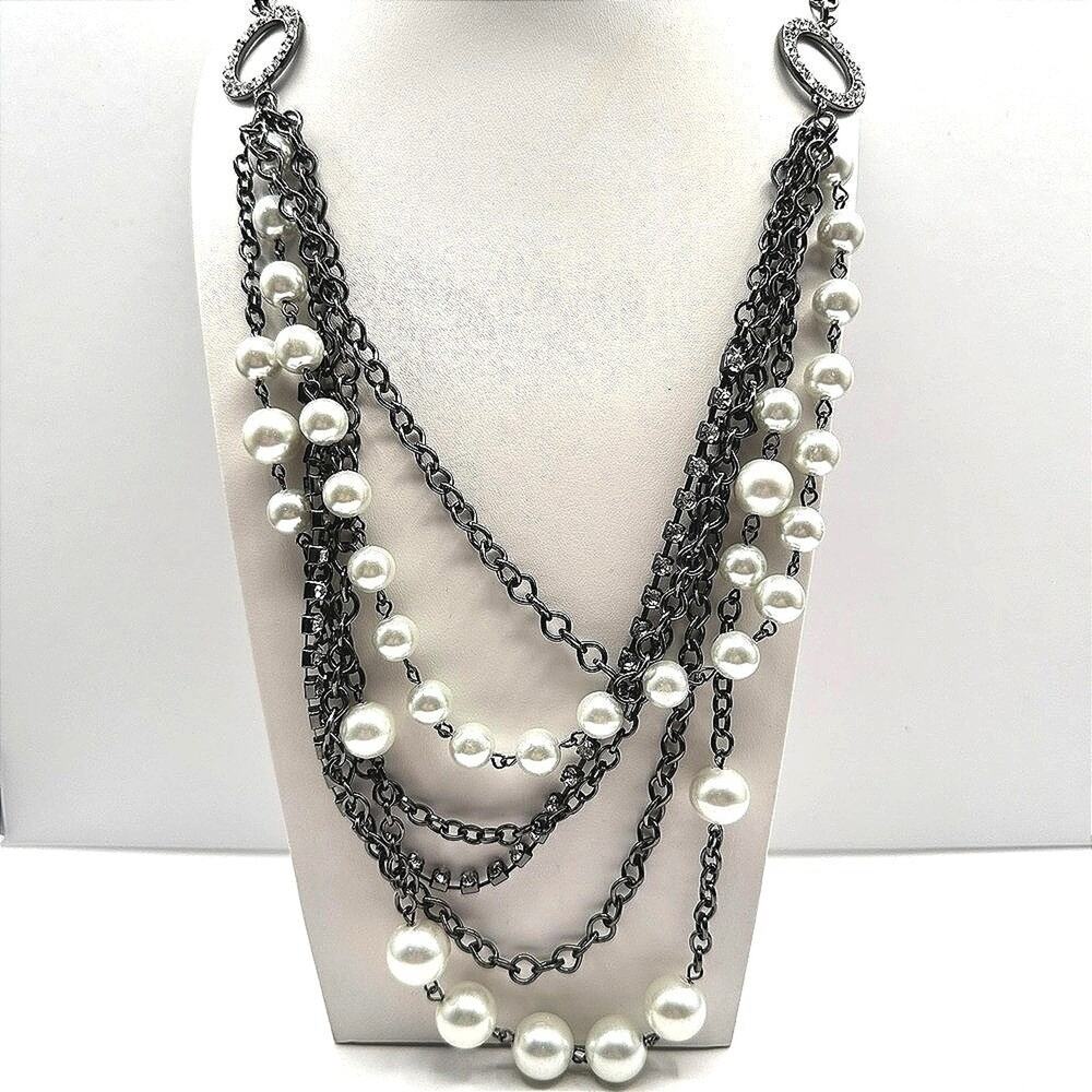 Vintage 90s NY Multi-Strand Faux Pearl Glass Layered Necklace Women's Jewelry